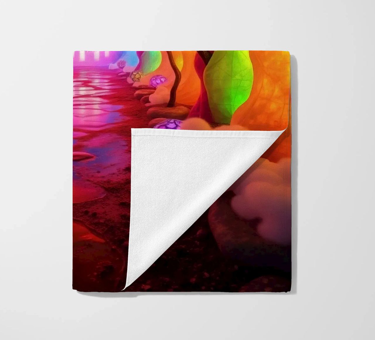 percorso illuminato in una grotta colorata con piante e piante luminose. telo mare da DesignDoodle