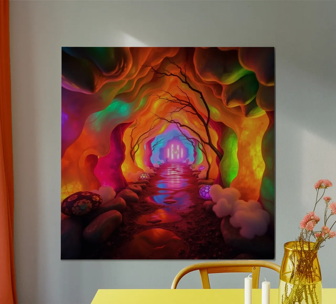illuminated pathway in colorful cave with glowing plants and hahnemühle by DesignDoodle