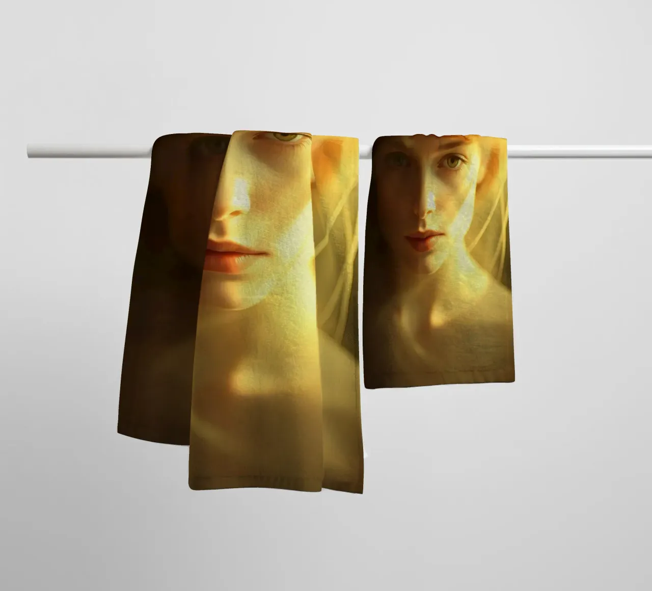 Ritratto di giovane donna con capelli delicati e luci soffuse asciugamano da bagno da DesignDoodle