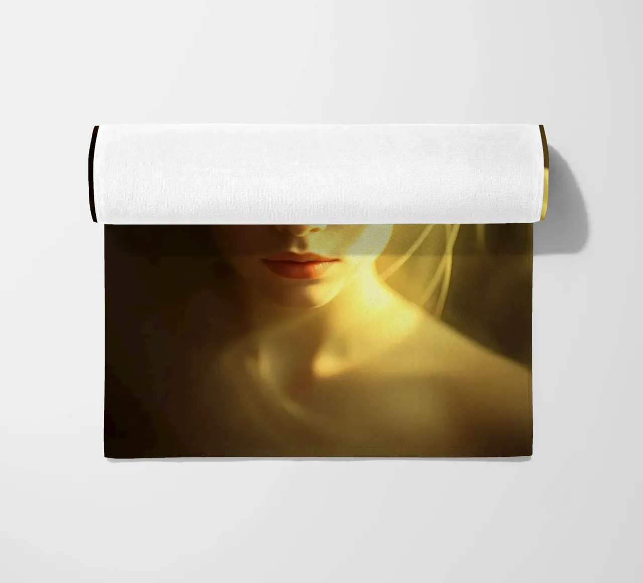 Ritratto di giovane donna con capelli delicati e luci soffuse telo mare da DesignDoodle