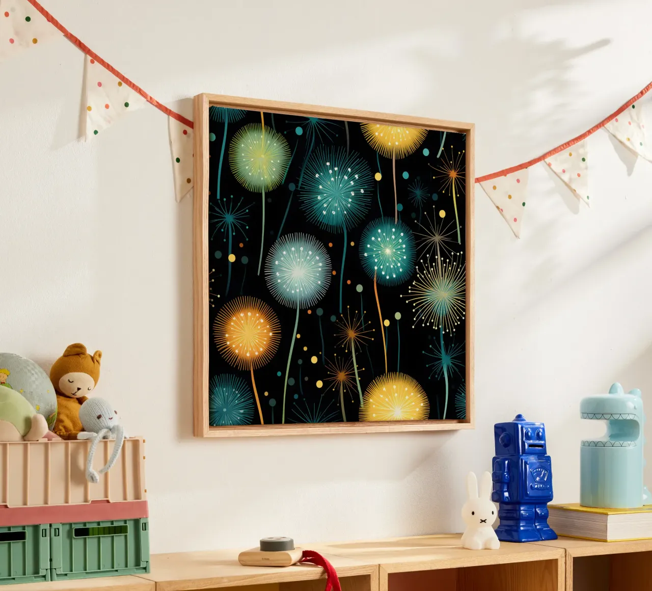 Dandelion Orbit canvas with Floater frame by Botanical Pattern House