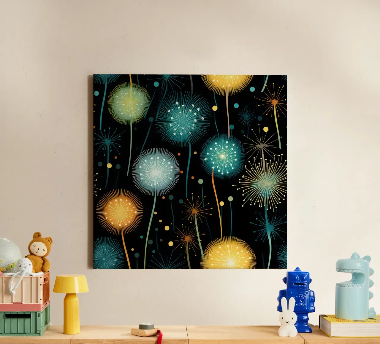 Dandelion Orbit canvas with Floater frame by Botanical Pattern House