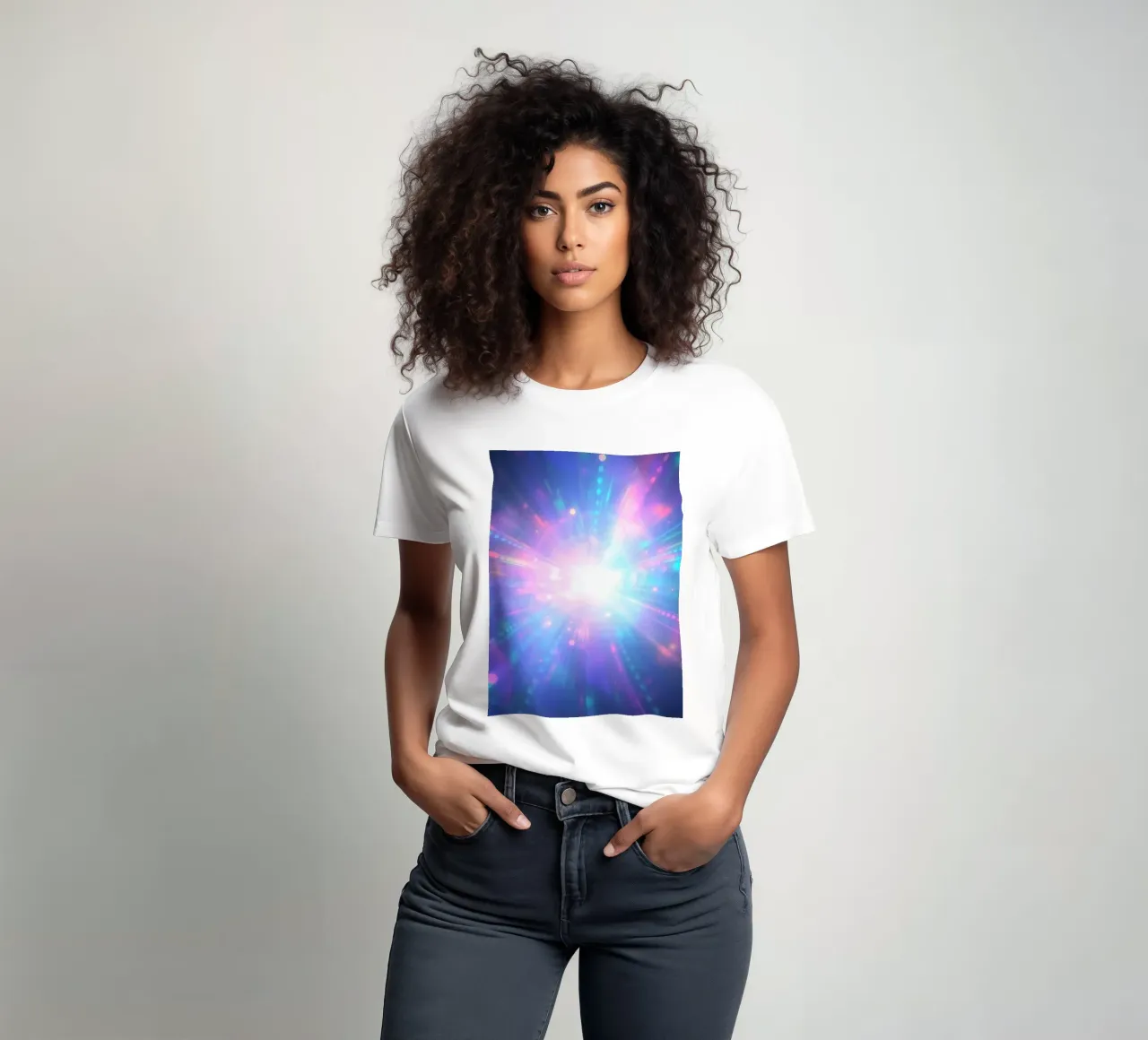 Le esplosioni di luce colorata creano un'atmosfera cosmica t-shirt da DesignDoodle