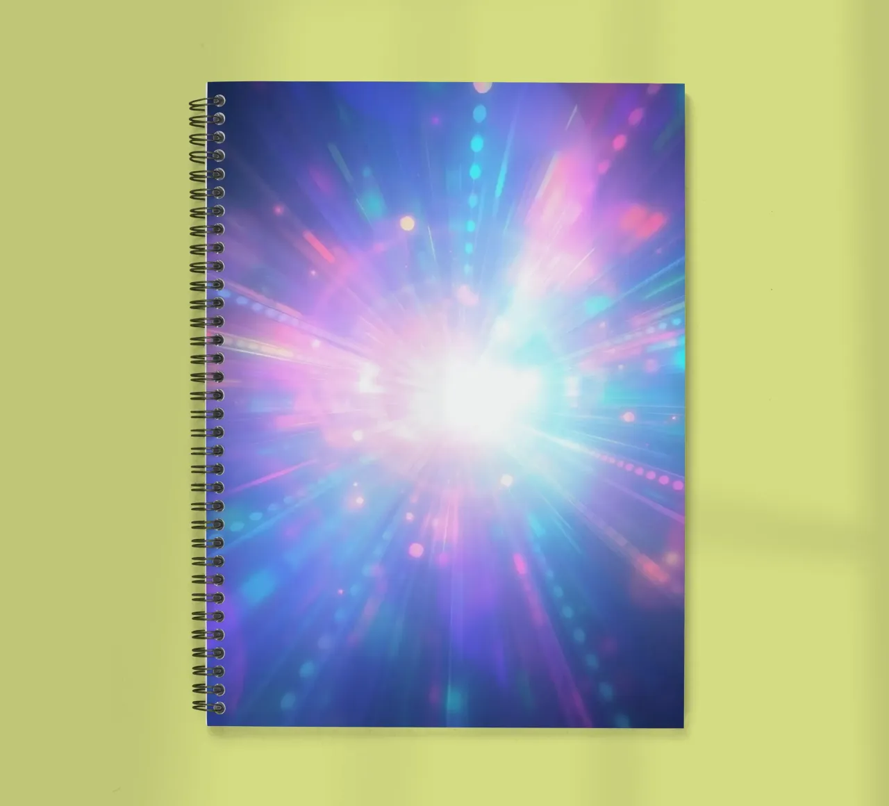 Colorful light bursts create a cosmic atmosphere spiral notebook by DesignDoodle