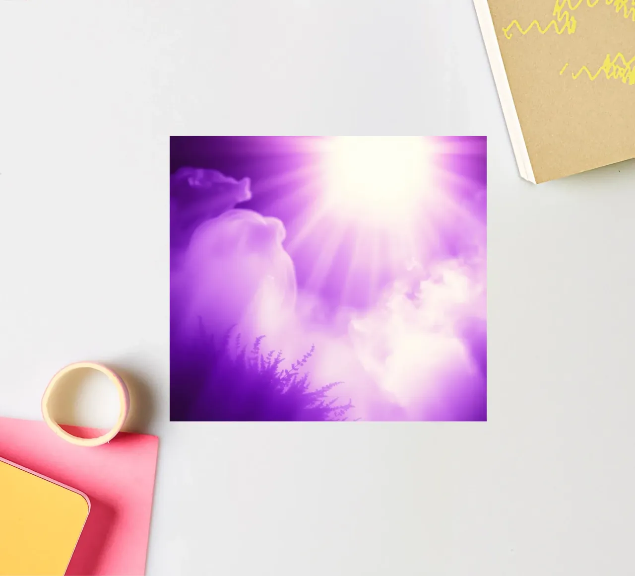 Purple light beams scatter through misty clouds sticker by DesignDoodle