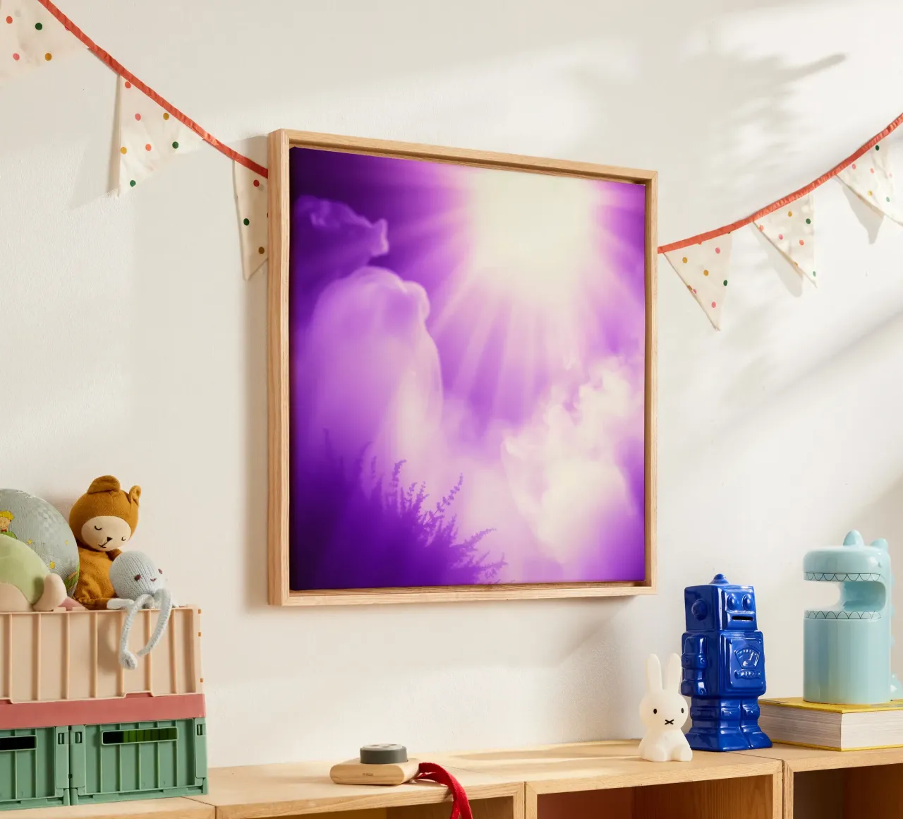 Purple light beams scatter through misty clouds canvas by DesignDoodle