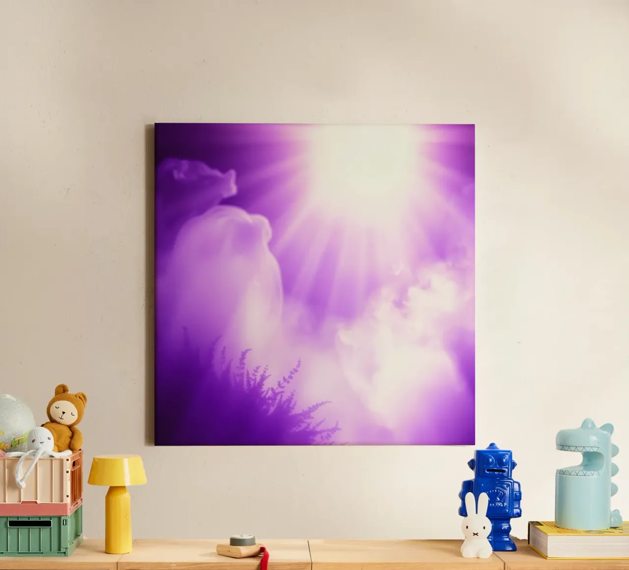 Purple light beams scatter through misty clouds canvas by DesignDoodle