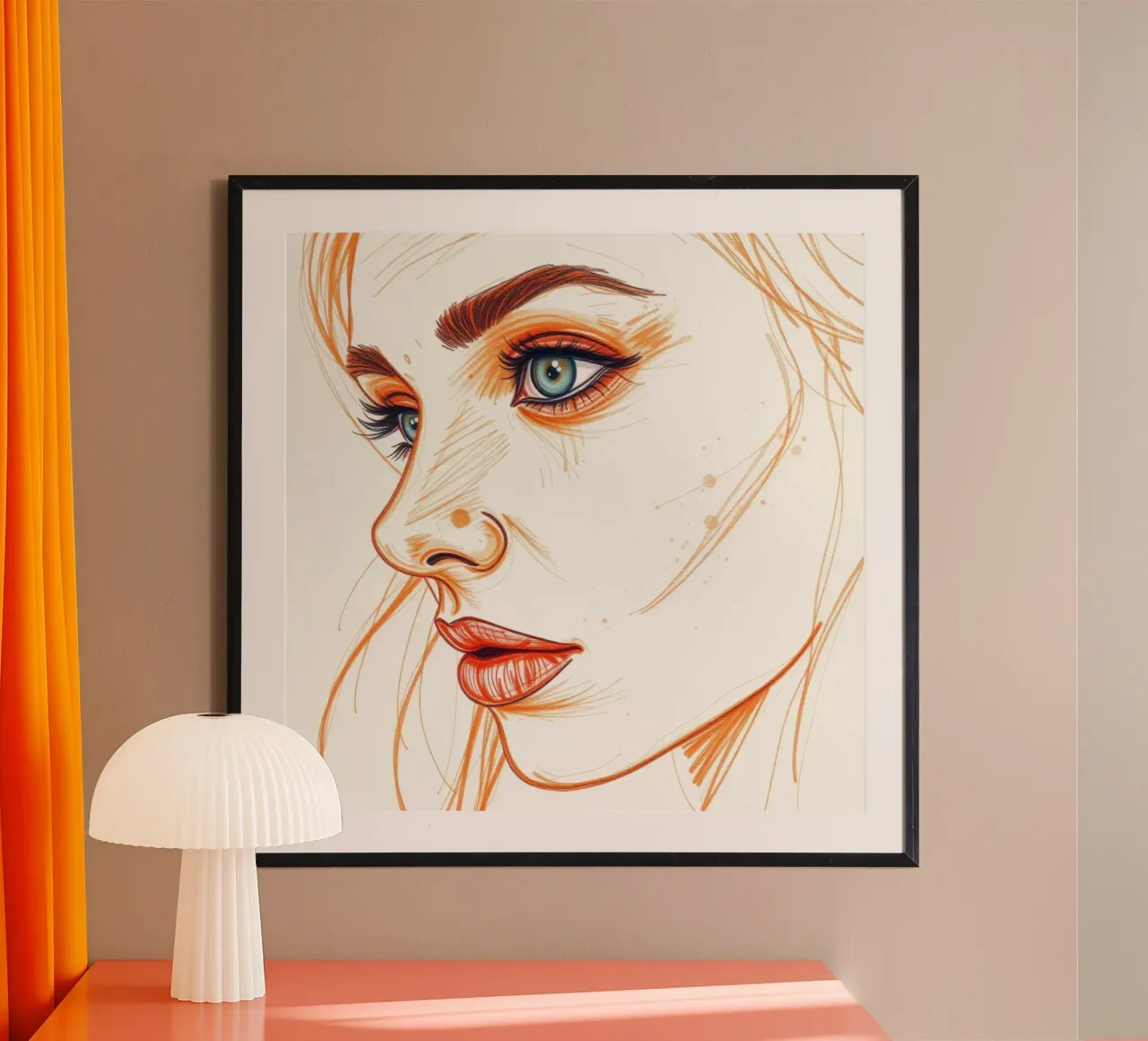 dessin d'une femme aux yeux bleus et au visage expressif poster avec cadre en plastique de DesignDoodle