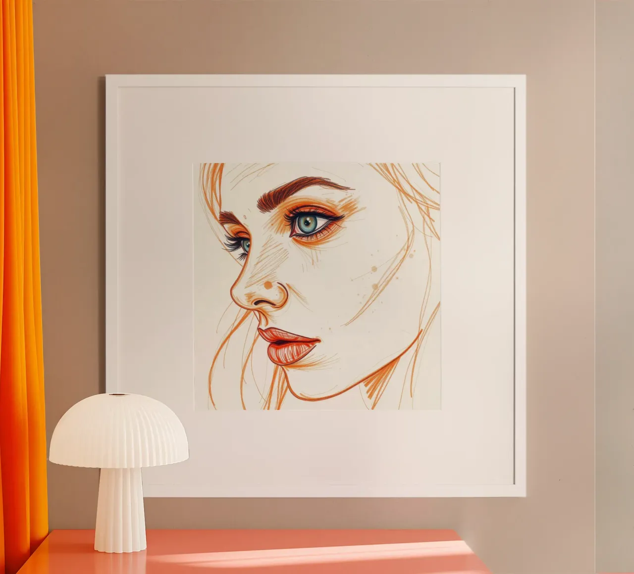 dessin d'une femme aux yeux bleus et au visage expressif poster avec cadre en plastique de DesignDoodle