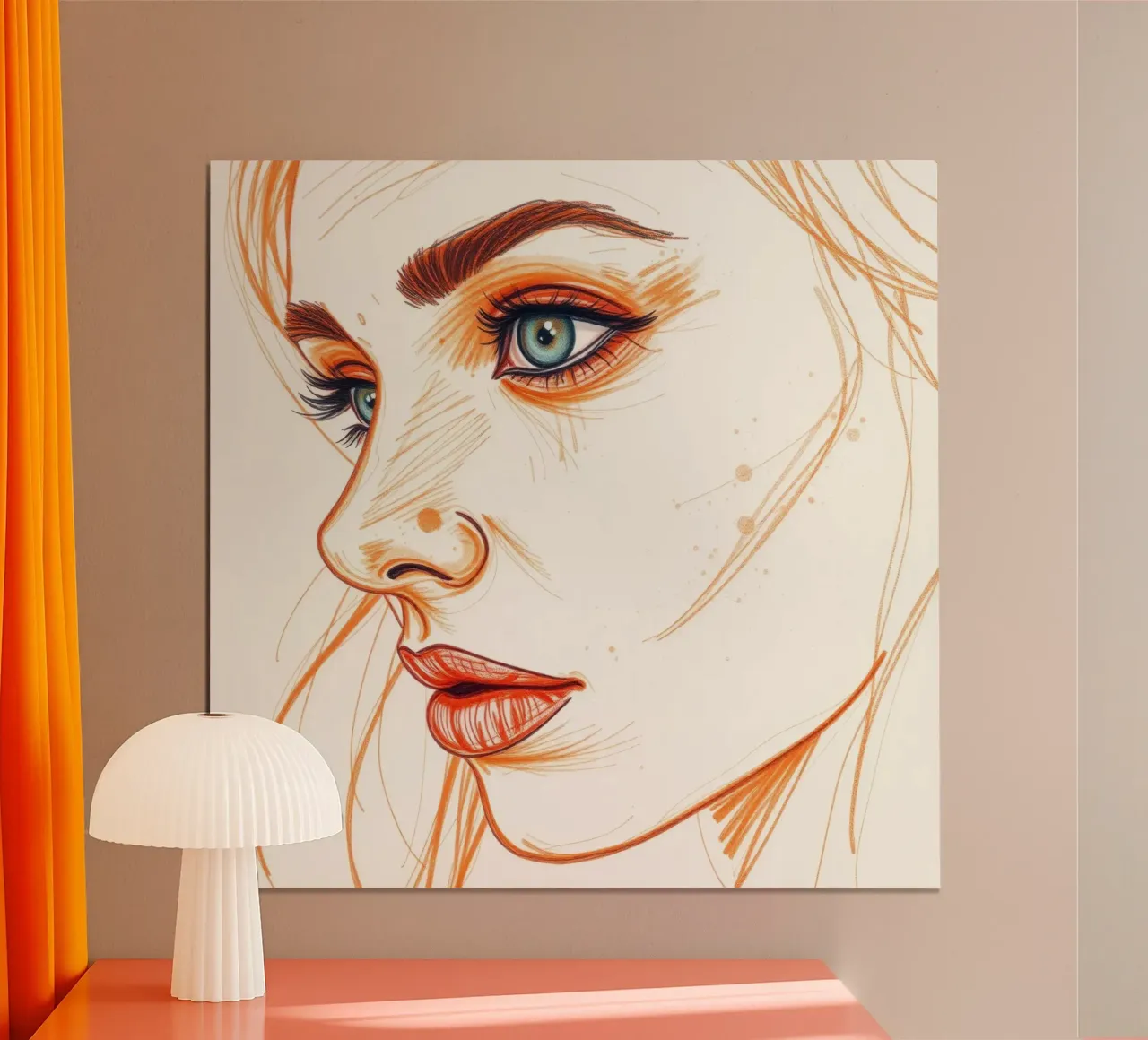 dessin d'une femme aux yeux bleus et au visage expressif poster avec cadre en plastique de DesignDoodle