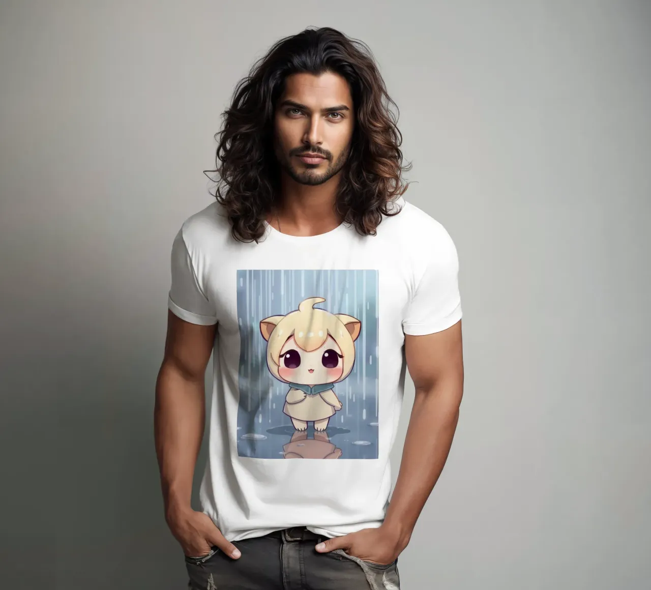 Cute cartoon character standing in the rain with joyful face t-shirt by DesignDoodle