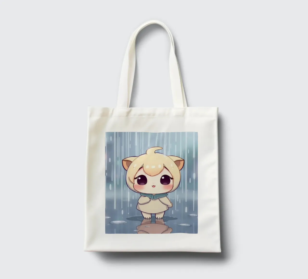 Cute cartoon character standing in the rain with joyful face tote bag by DesignDoodle