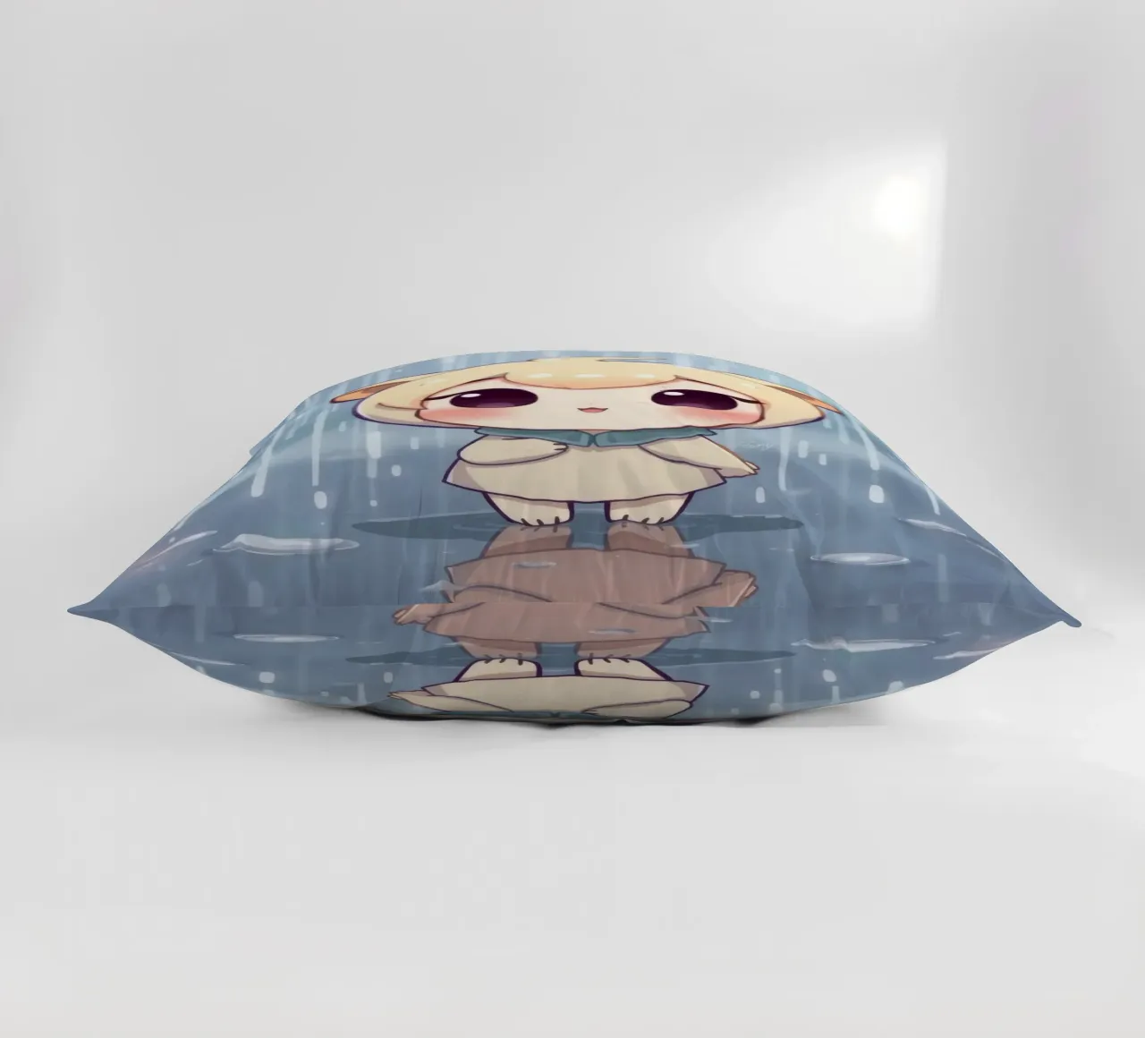 Cute cartoon character standing in the rain with joyful face decorative cushion by DesignDoodle