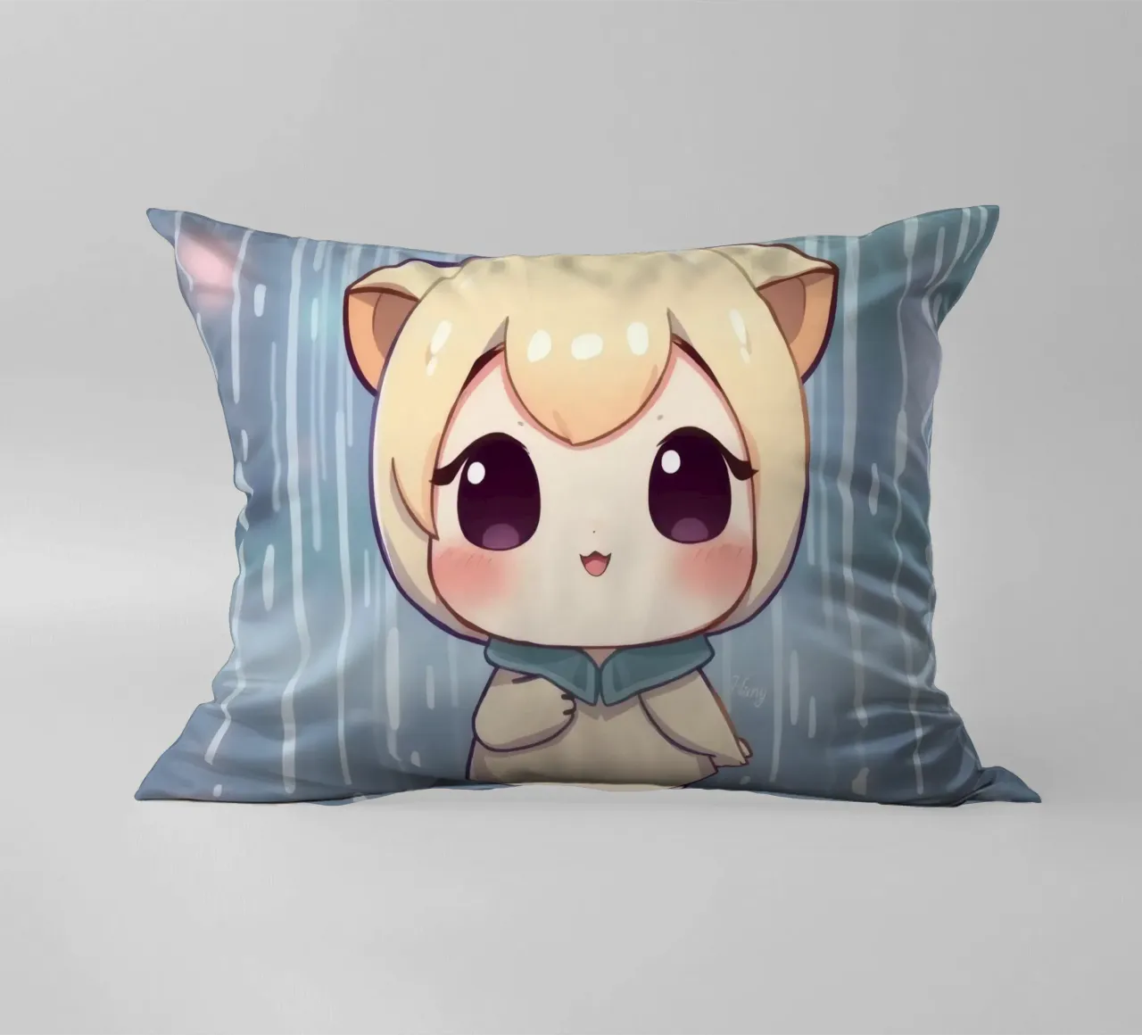 Cute cartoon character standing in the rain with joyful face decorative cushion by DesignDoodle