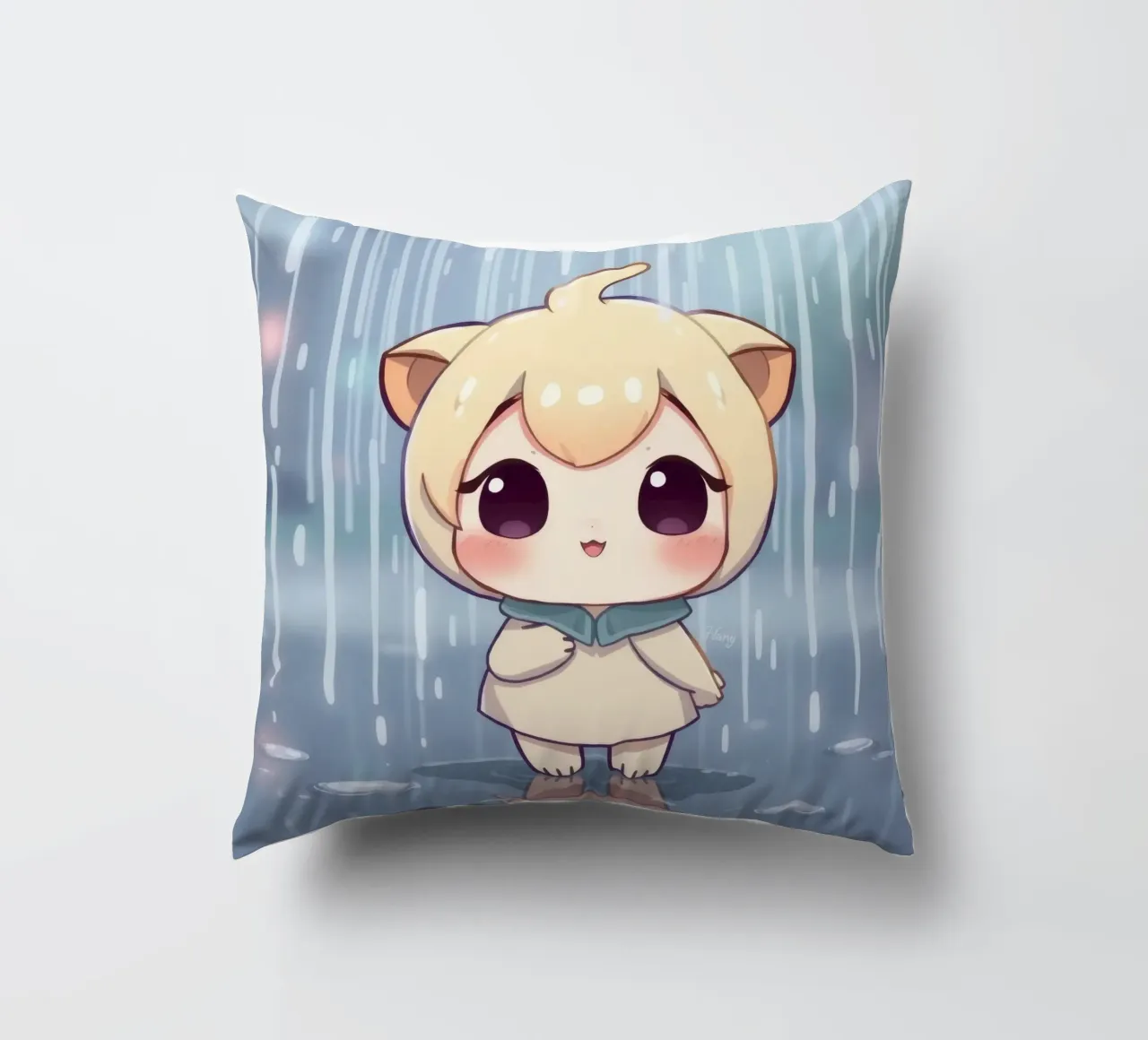 Cute cartoon character standing in the rain with joyful face decorative cushion by DesignDoodle