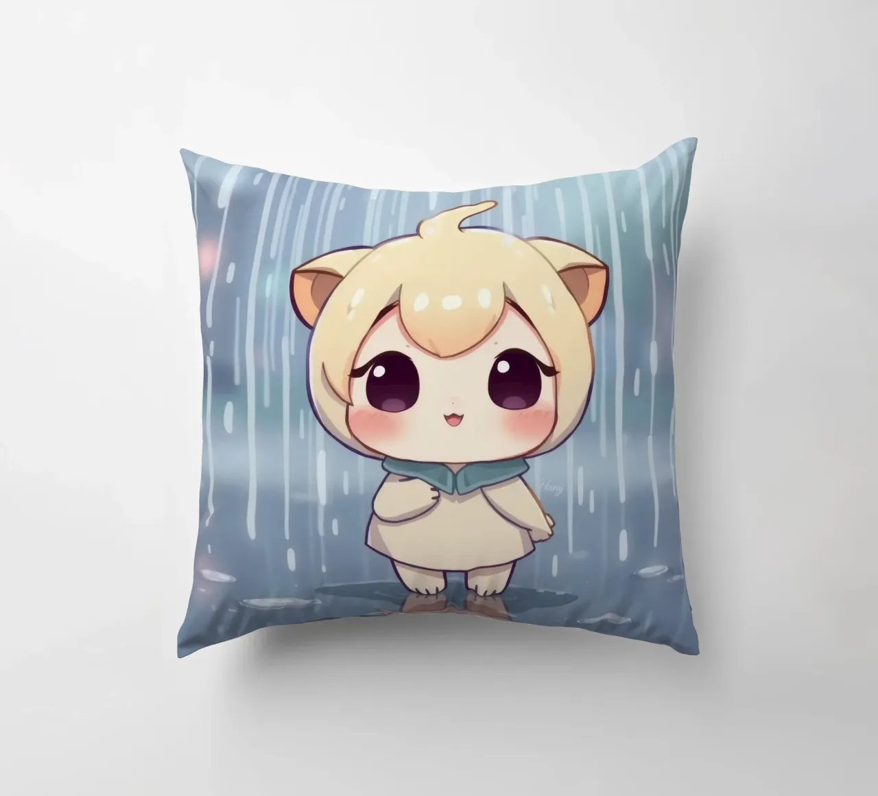 Cute cartoon character standing in the rain with joyful face decorative cushion by DesignDoodle