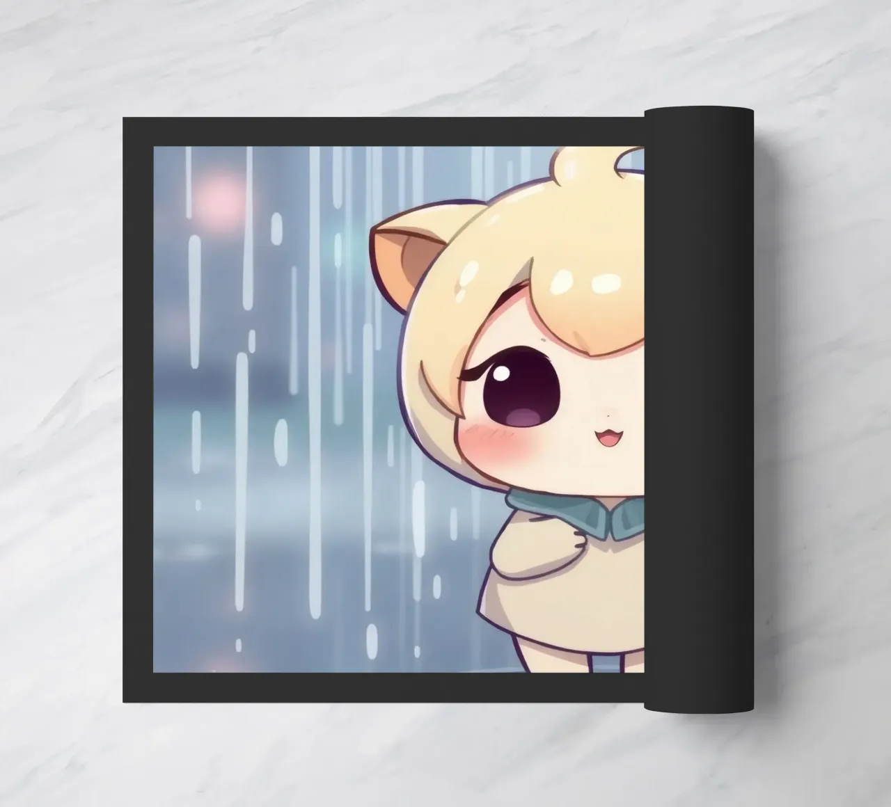 Cute cartoon character standing in the rain with joyful face doormat by DesignDoodle