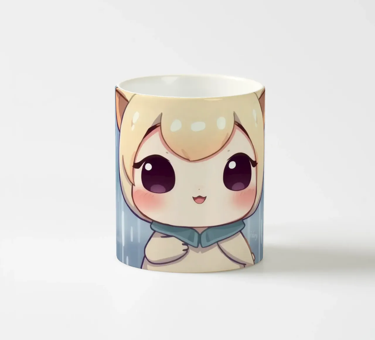 Cute cartoon character standing in the rain with joyful face ceramic mug by DesignDoodle