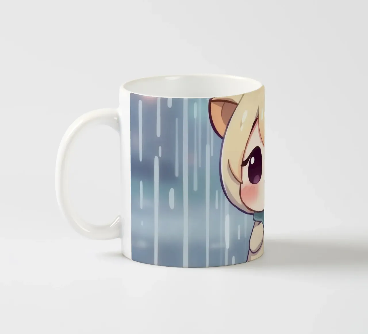 Cute cartoon character standing in the rain with joyful face ceramic mug by DesignDoodle
