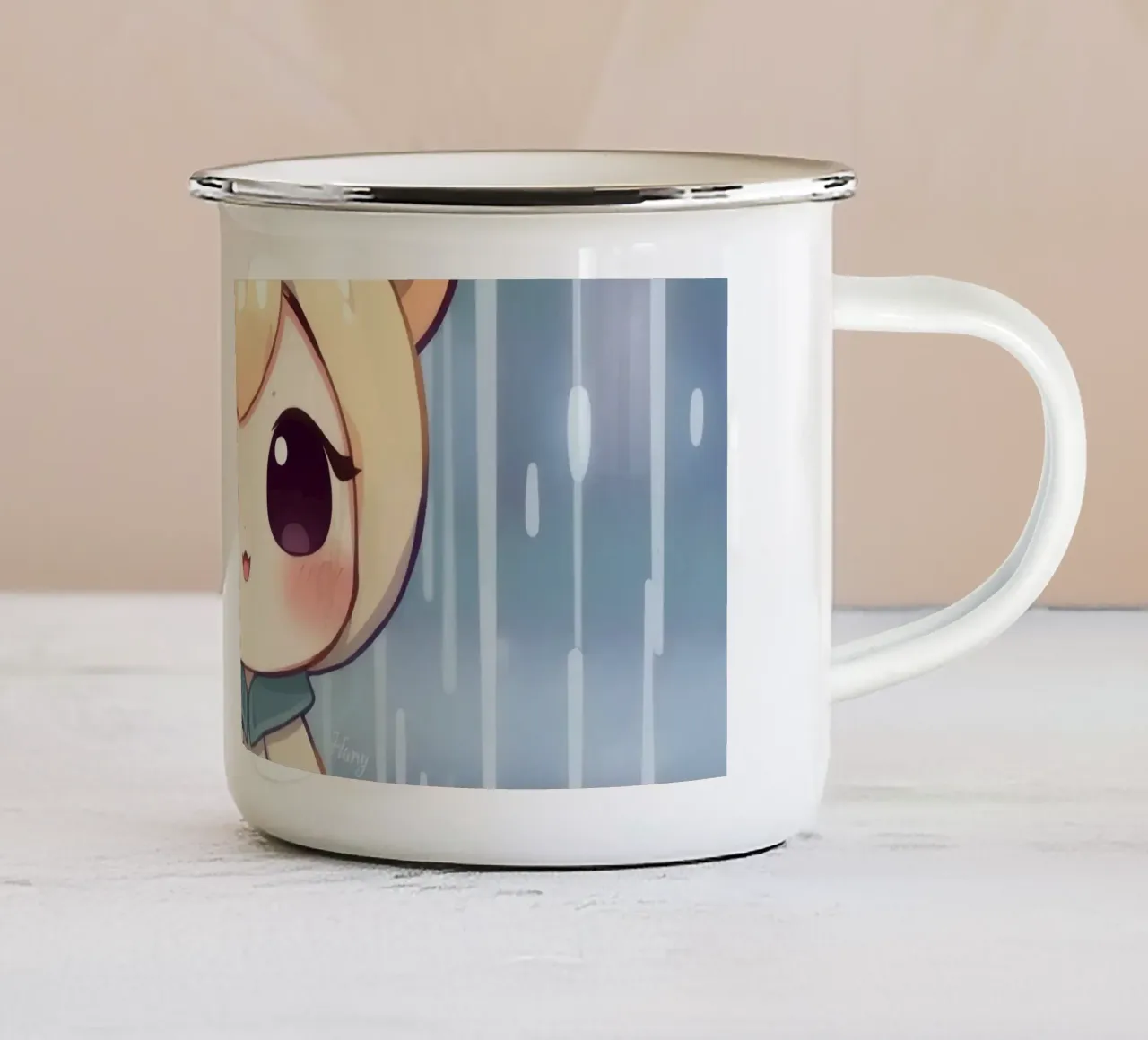 Simpatico personaggio dei cartoni animati in piedi sotto la pioggia con il volto gioioso tazza in smalto da DesignDoodle
