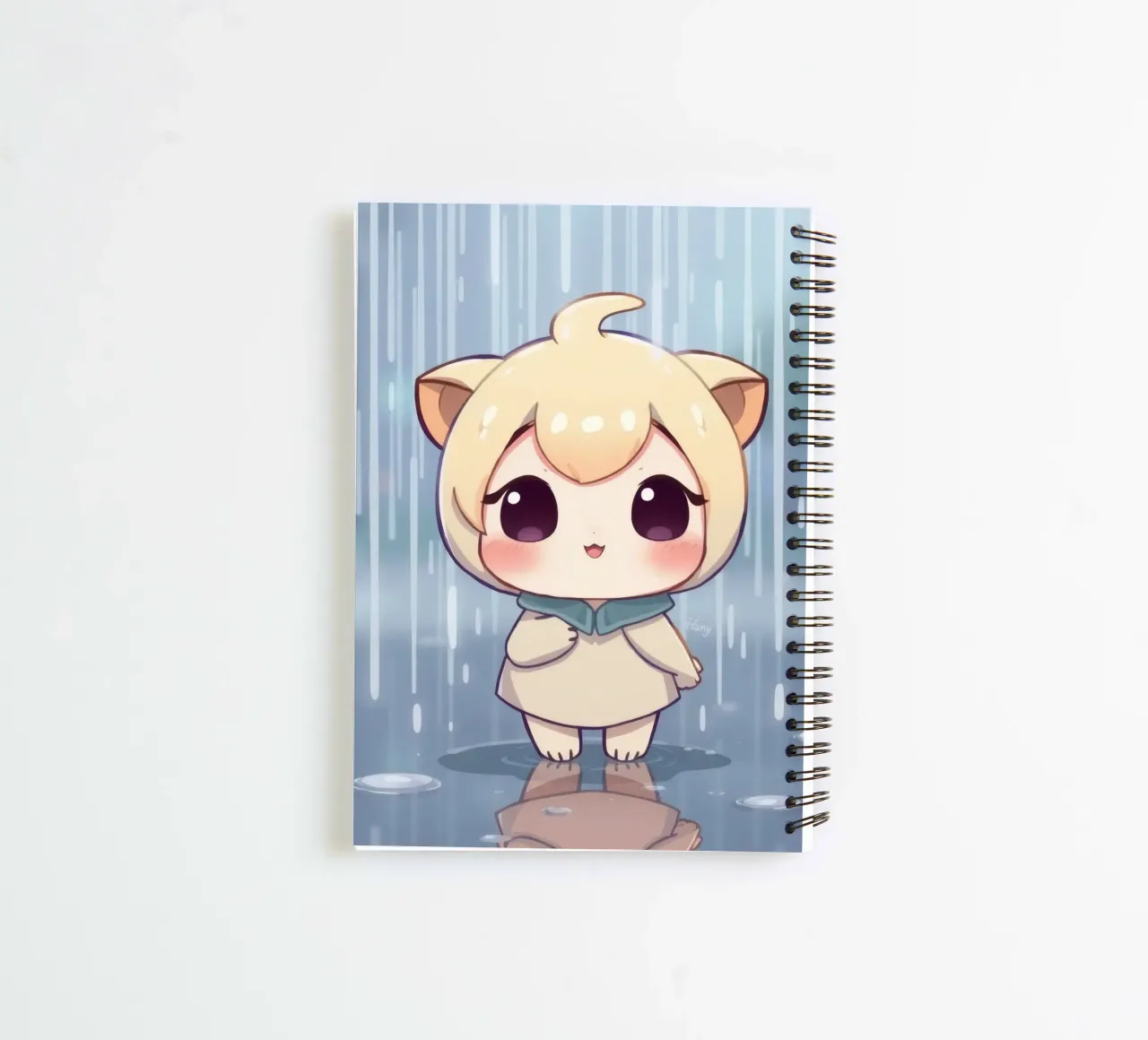 Cute cartoon character standing in the rain with joyful face spiral notebook by DesignDoodle