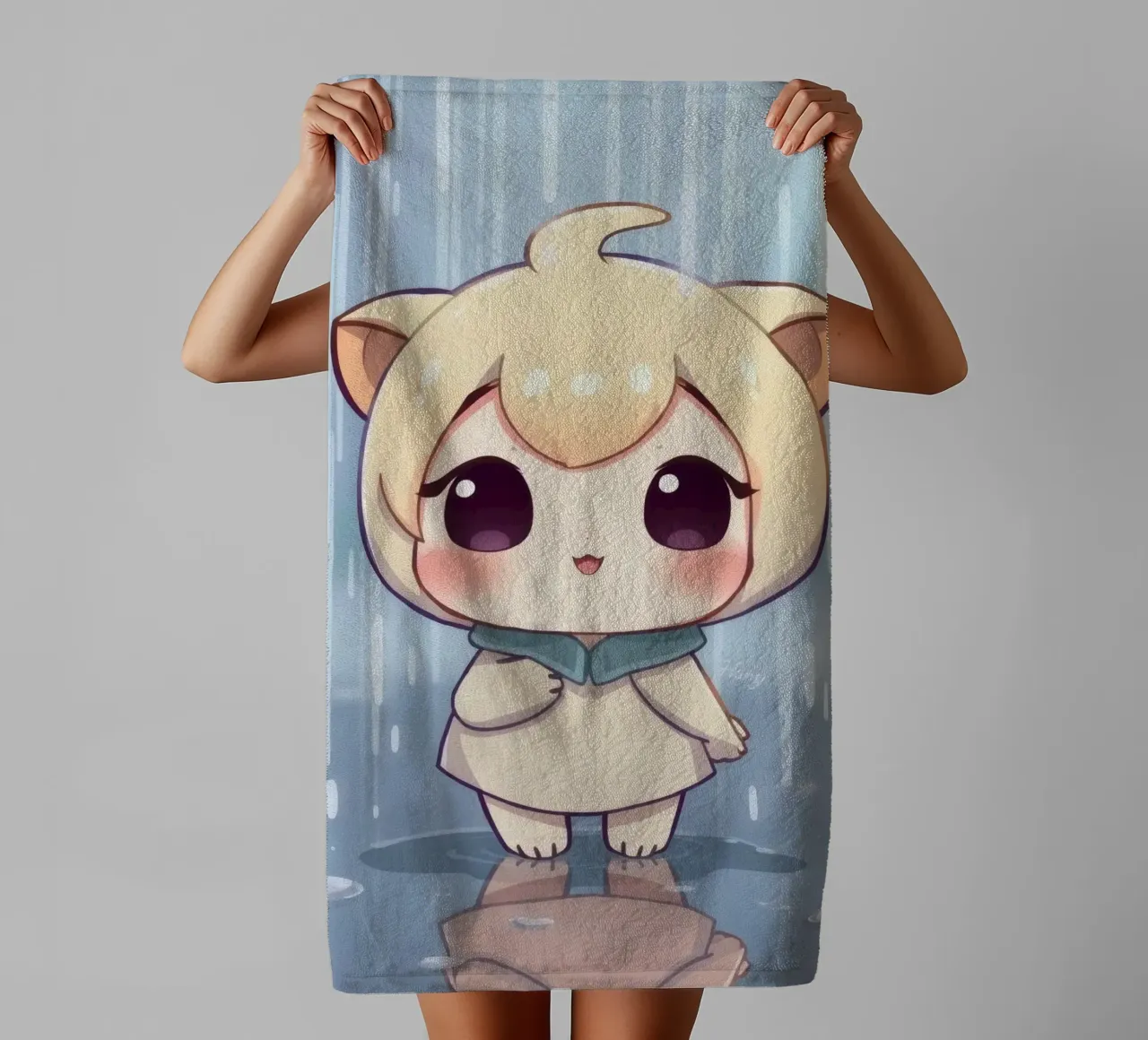 Cute cartoon character standing in the rain with joyful face towel by DesignDoodle