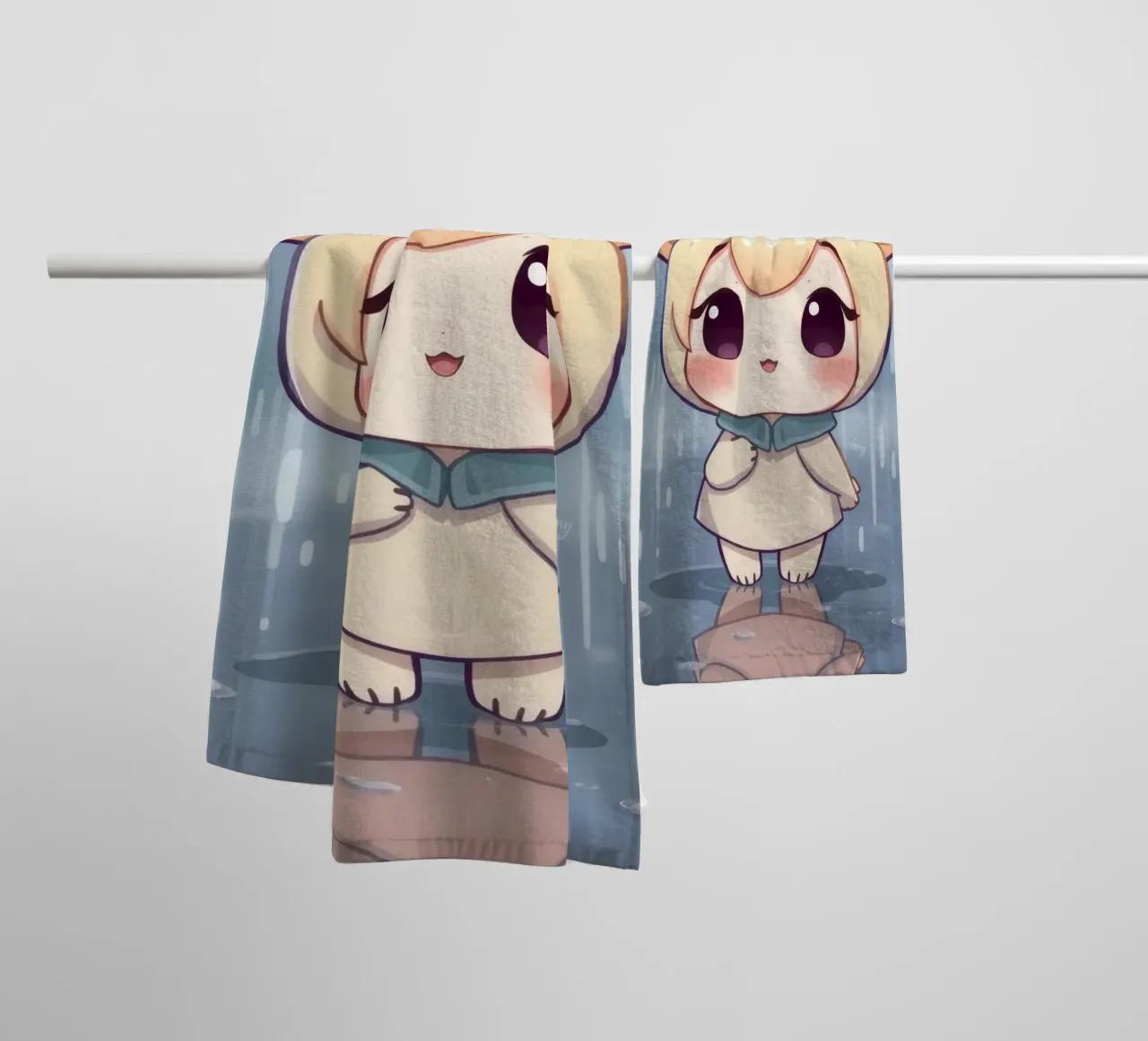 Cute cartoon character standing in the rain with joyful face towel by DesignDoodle