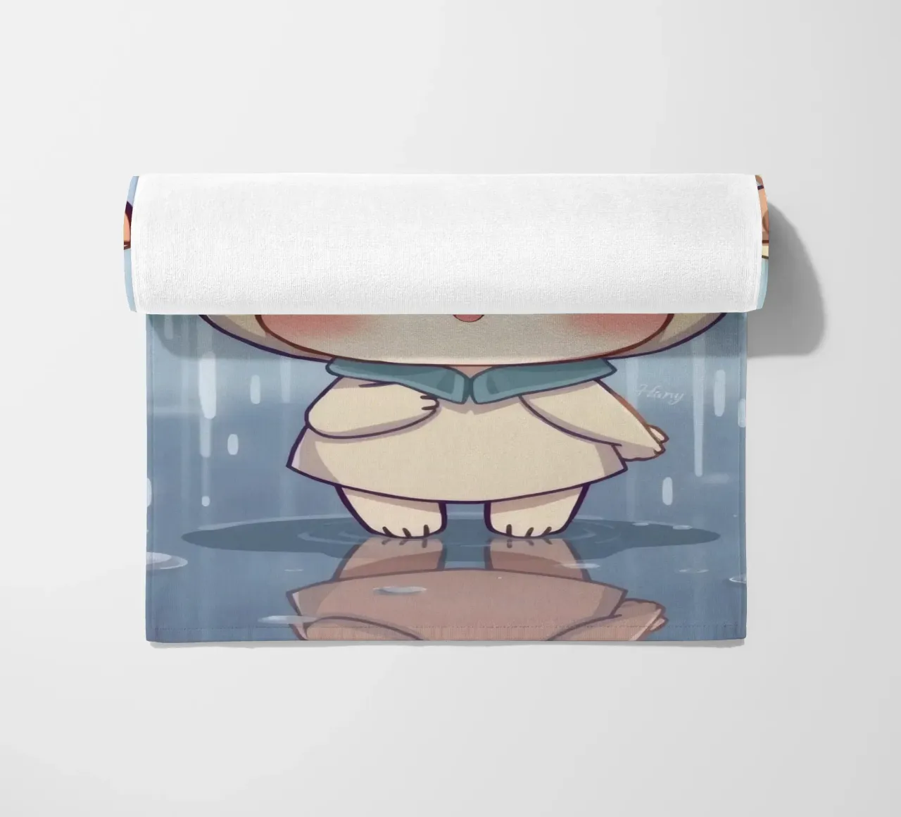 Simpatico personaggio dei cartoni animati in piedi sotto la pioggia con il volto gioioso telo mare da DesignDoodle