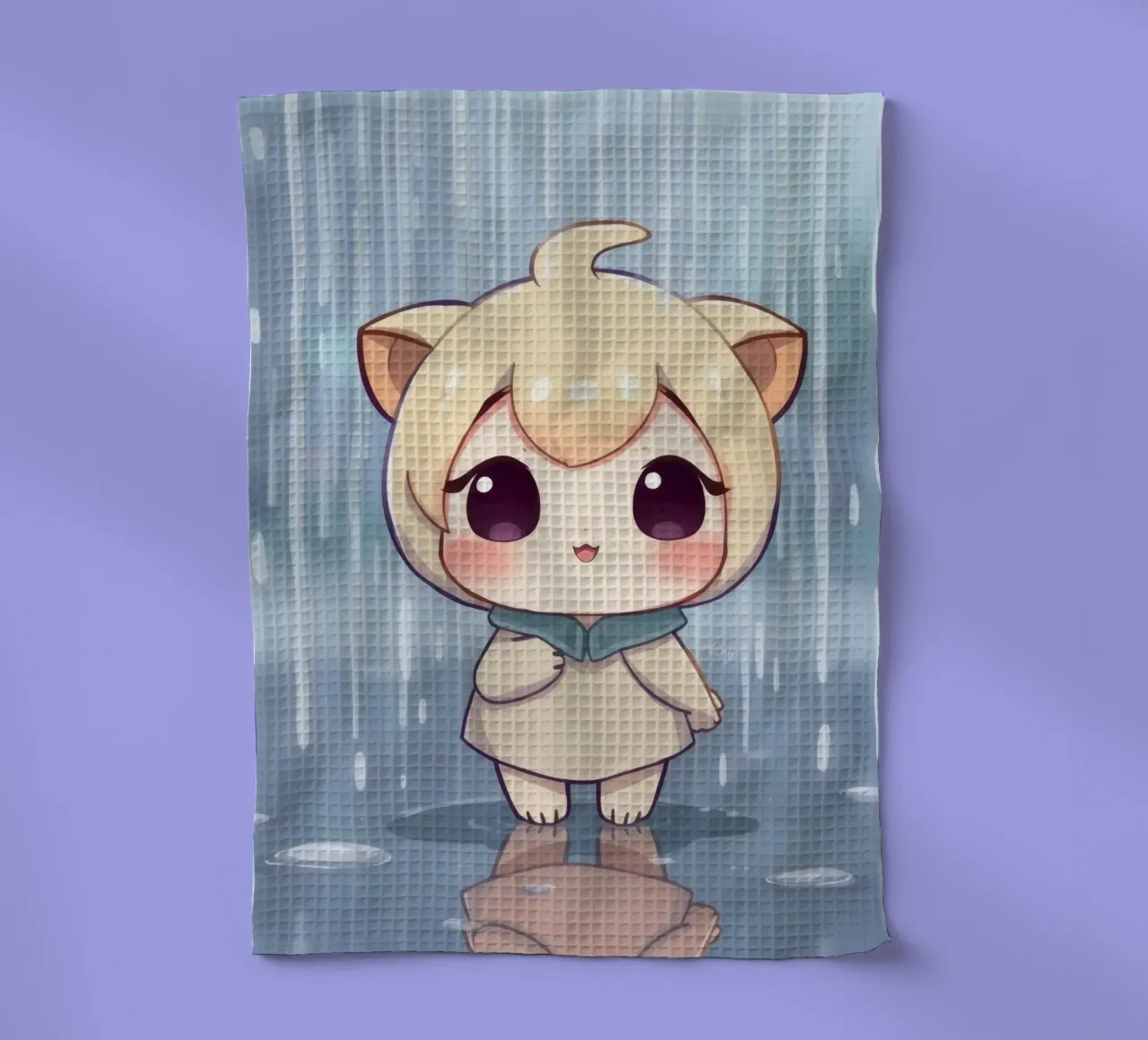 Mignon personnage de dessin animé debout sous la pluie avec un visage joyeux torchon de DesignDoodle