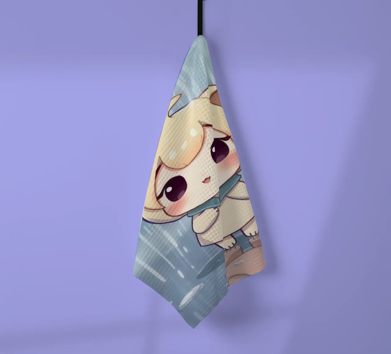 Mignon personnage de dessin animé debout sous la pluie avec un visage joyeux torchon de DesignDoodle
