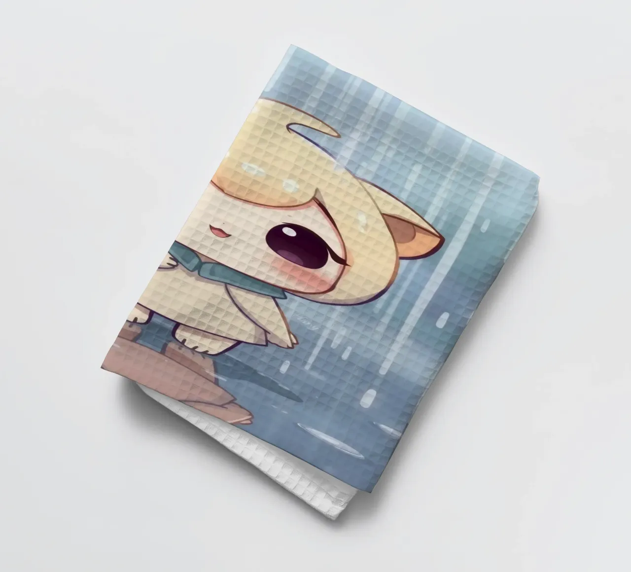 Mignon personnage de dessin animé debout sous la pluie avec un visage joyeux torchon de DesignDoodle