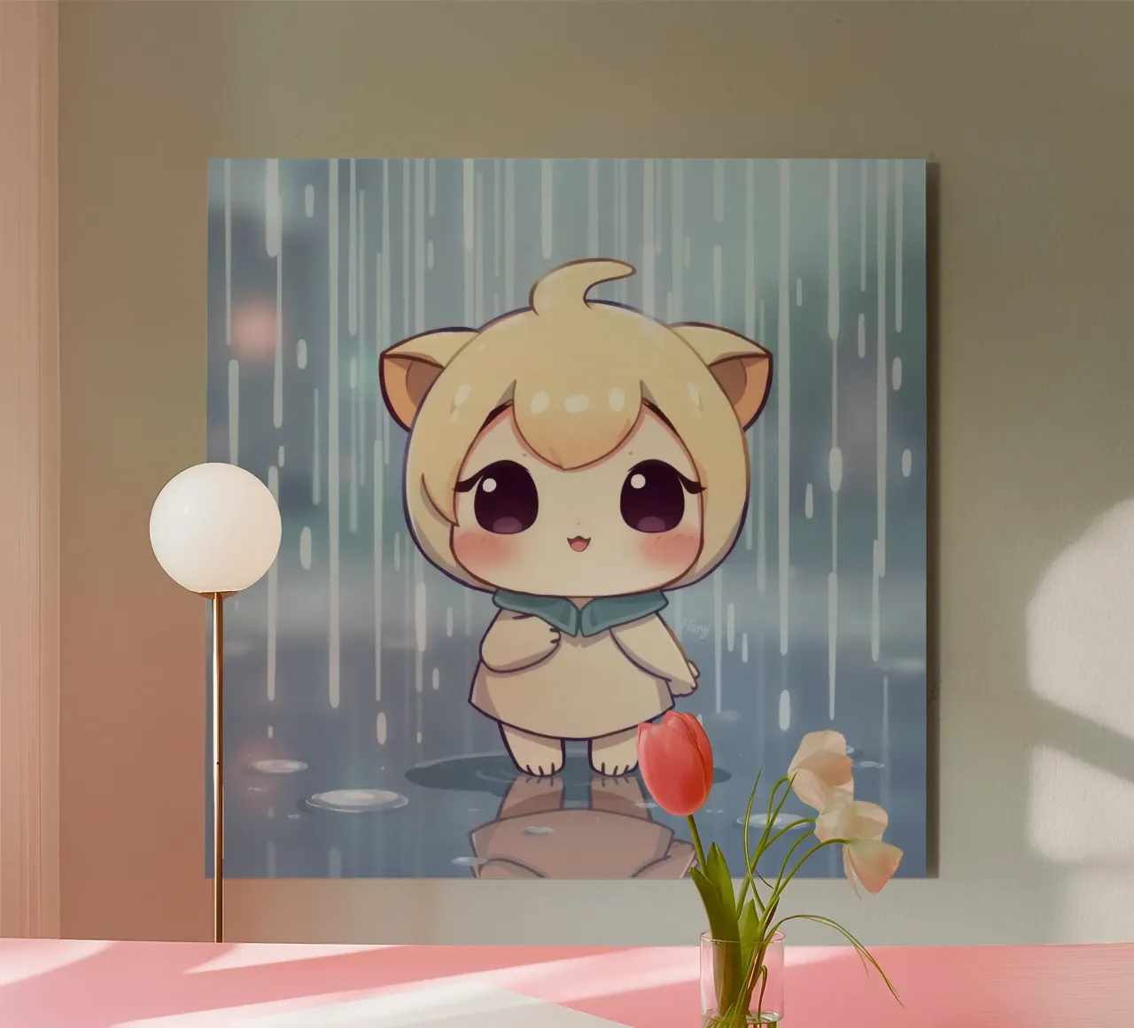 Cute cartoon character standing in the rain with joyful face alu-dibond by DesignDoodle