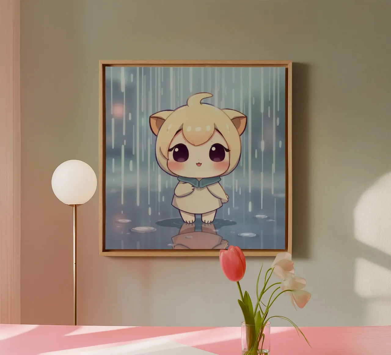 Cute cartoon character standing in the rain with joyful face canvas by DesignDoodle