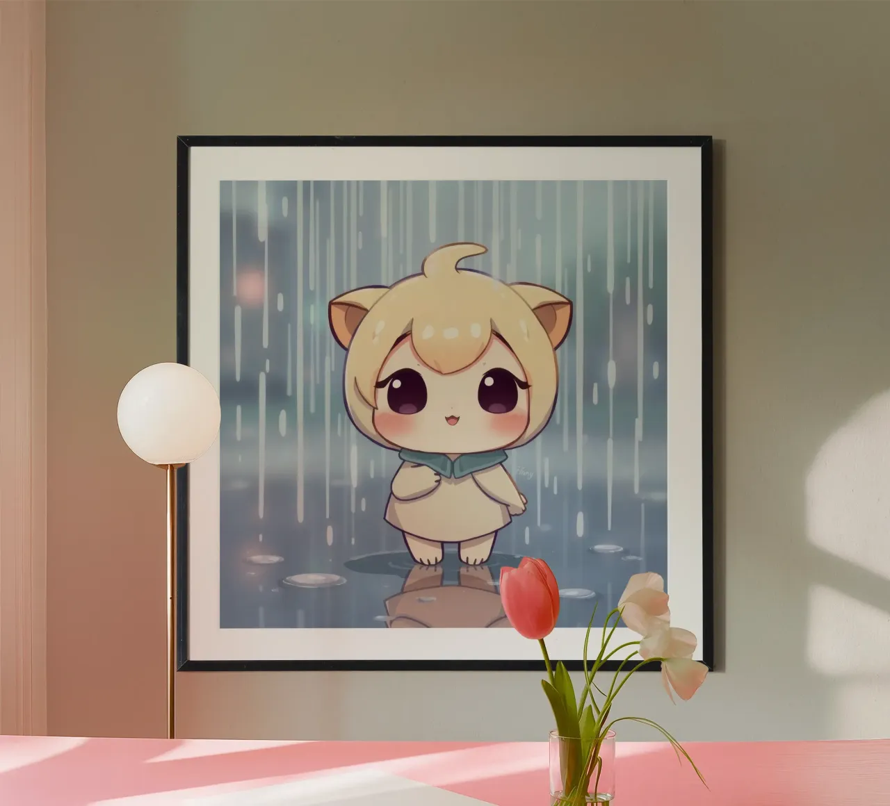 Cute cartoon character standing in the rain with joyful face hahnemühle by DesignDoodle