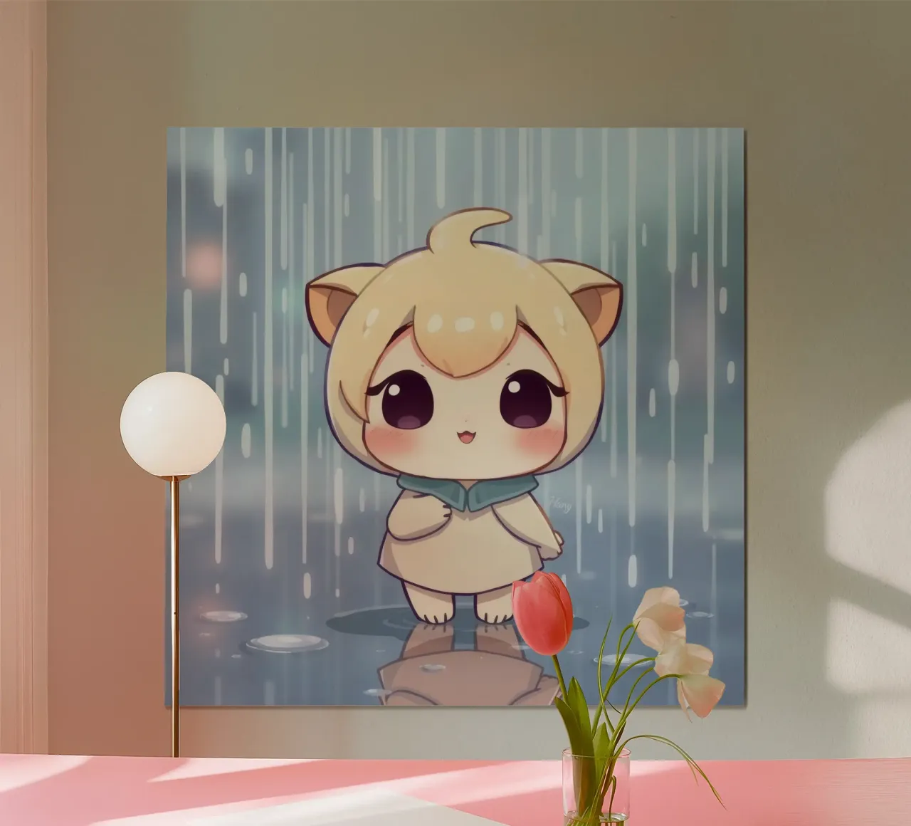 Cute cartoon character standing in the rain with joyful face hahnemühle by DesignDoodle