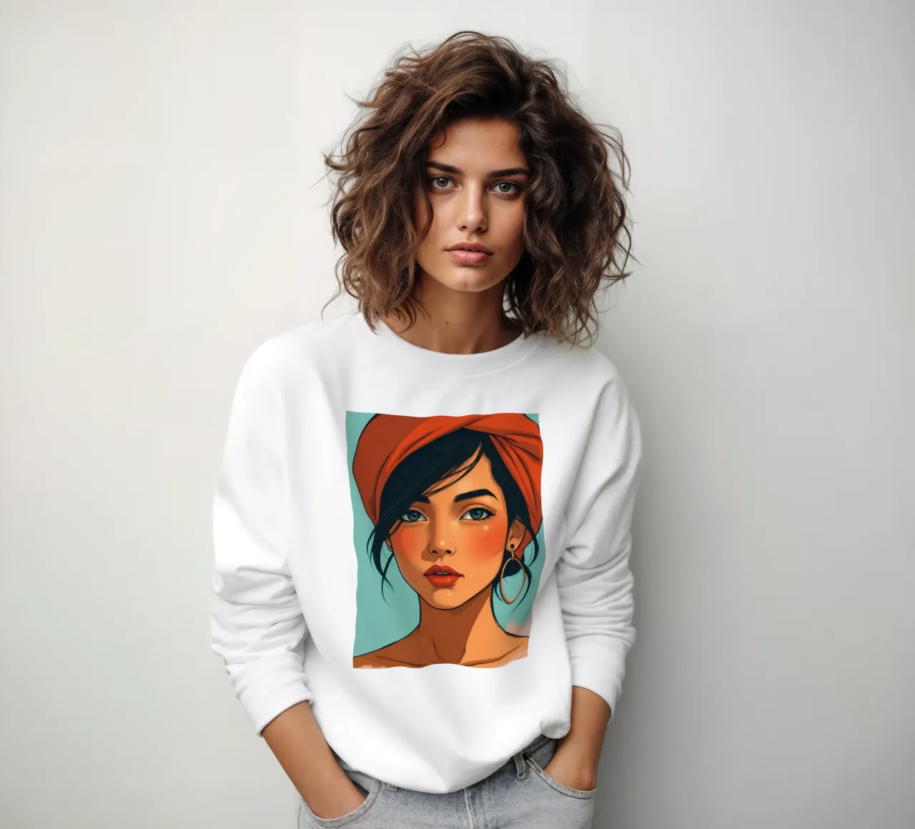 Una giovane donna dai tratti marcati posa con sicurezza felpa da DesignDoodle