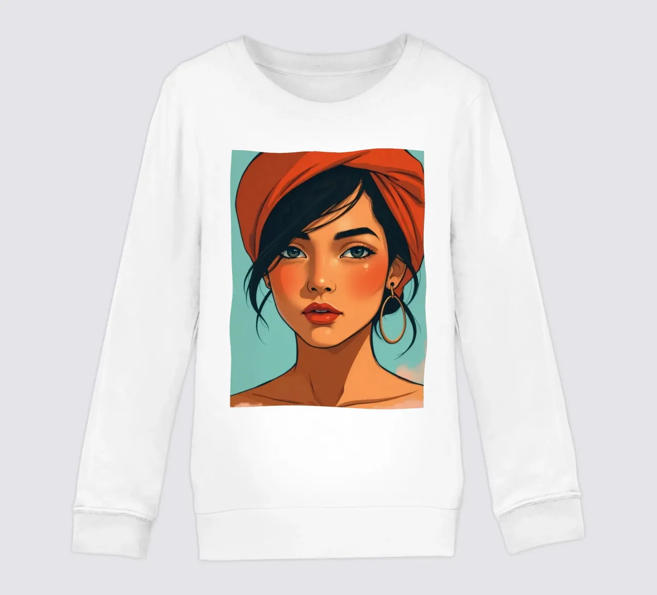 Young woman with striking features poses confidently kids sweatshirt by DesignDoodle