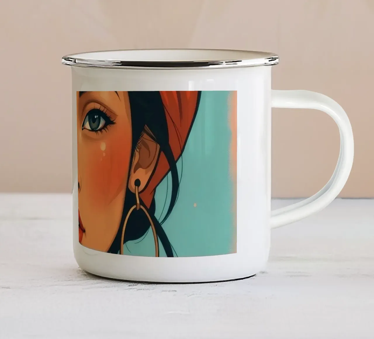 Una giovane donna dai tratti marcati posa con sicurezza tazza in smalto da DesignDoodle