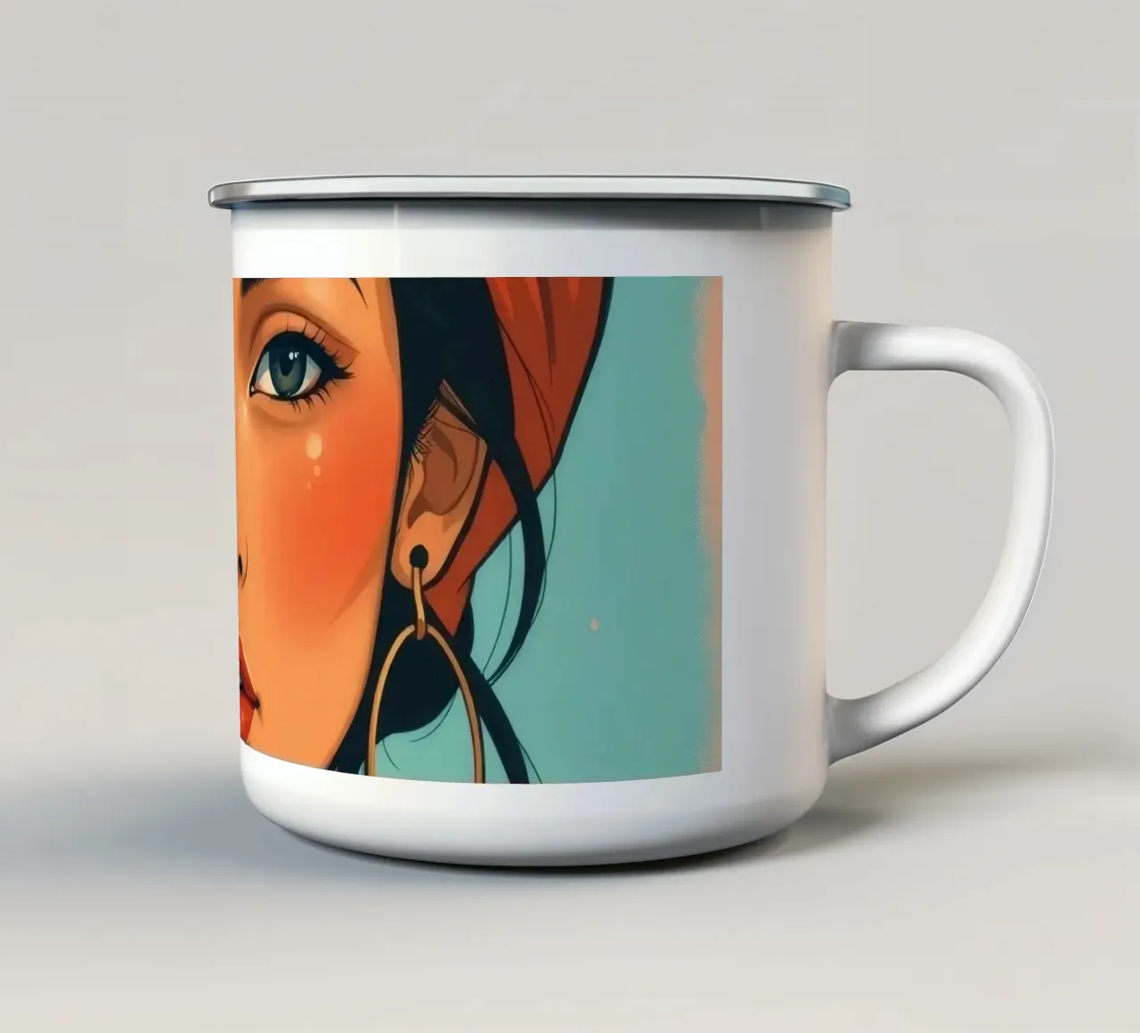 Una giovane donna dai tratti marcati posa con sicurezza tazza in smalto da DesignDoodle