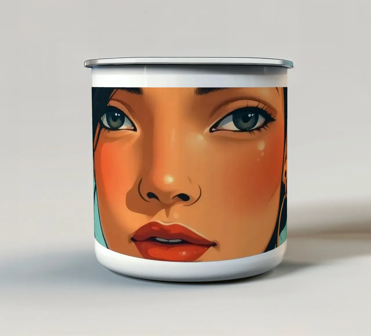Una giovane donna dai tratti marcati posa con sicurezza tazza in smalto da DesignDoodle