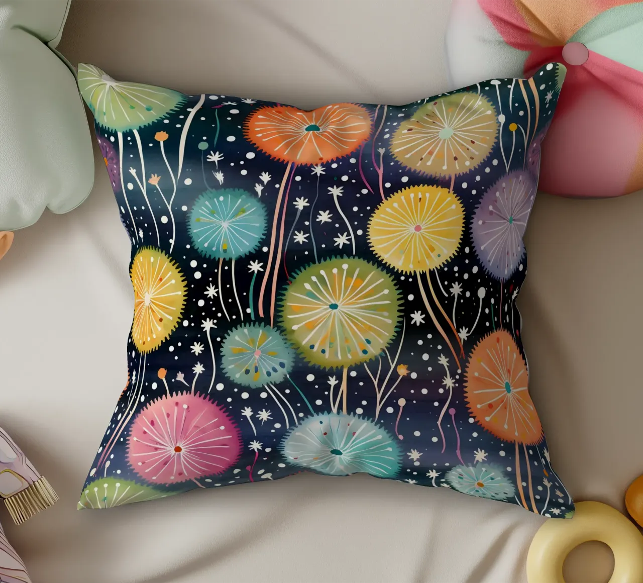 Celestial Dandelions decorative cushion by Botanical Pattern House