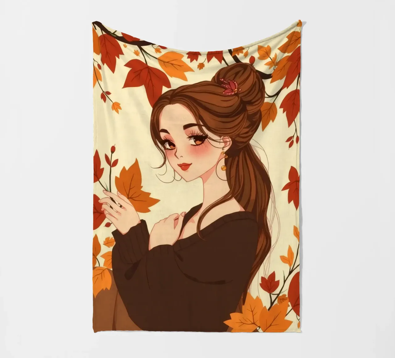 donna con foglie d'autunno in un'illustrazione dai toni caldi coperta in pile da DesignDoodle