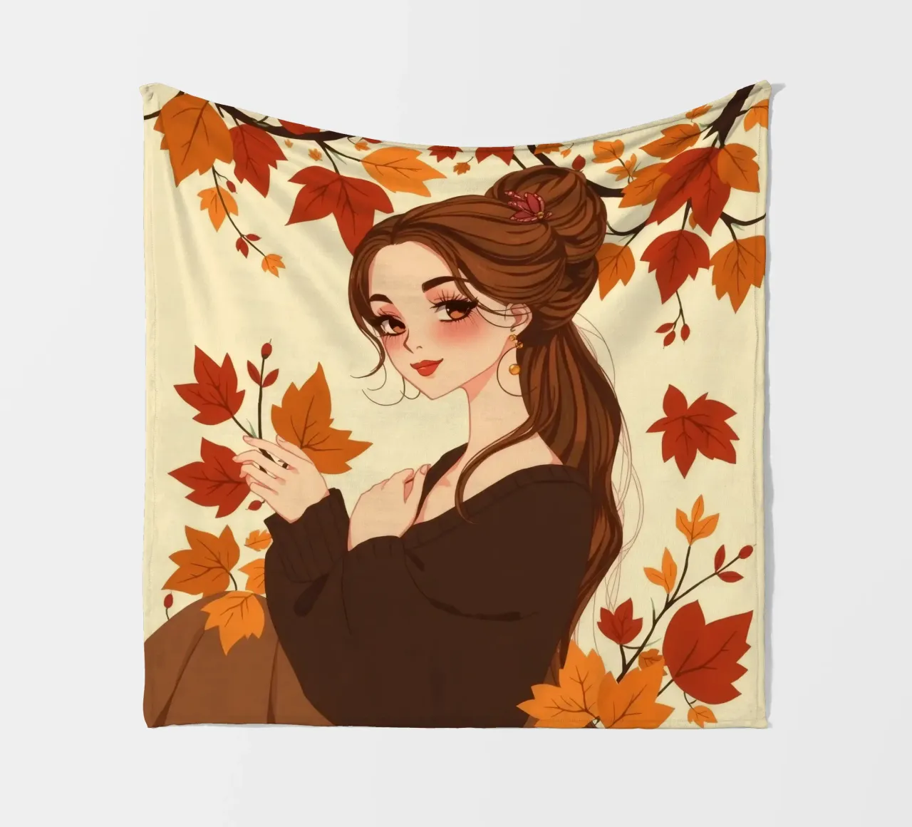 donna con foglie d'autunno in un'illustrazione dai toni caldi coperta in pile da DesignDoodle