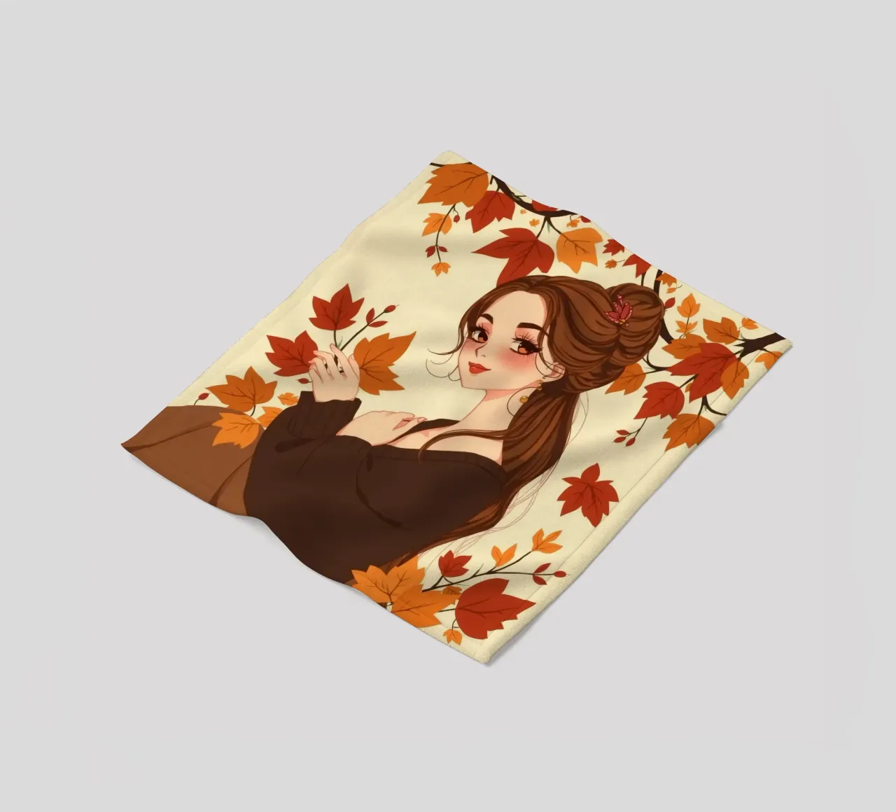 donna con foglie d'autunno in un'illustrazione dai toni caldi coperta in pile da DesignDoodle