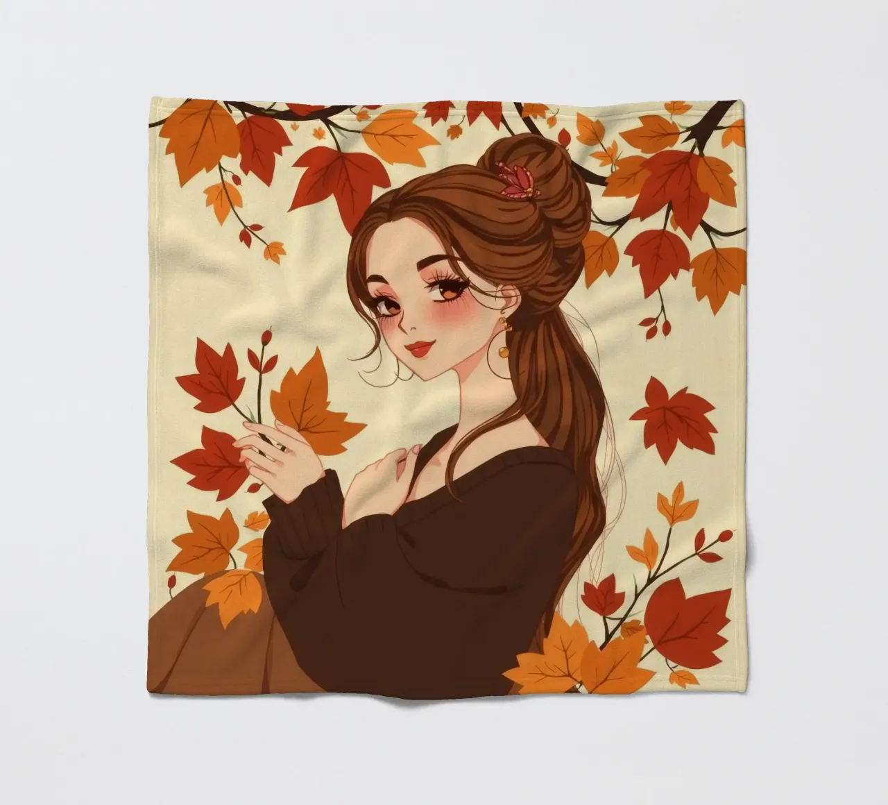 donna con foglie d'autunno in un'illustrazione dai toni caldi coperta in pile da DesignDoodle