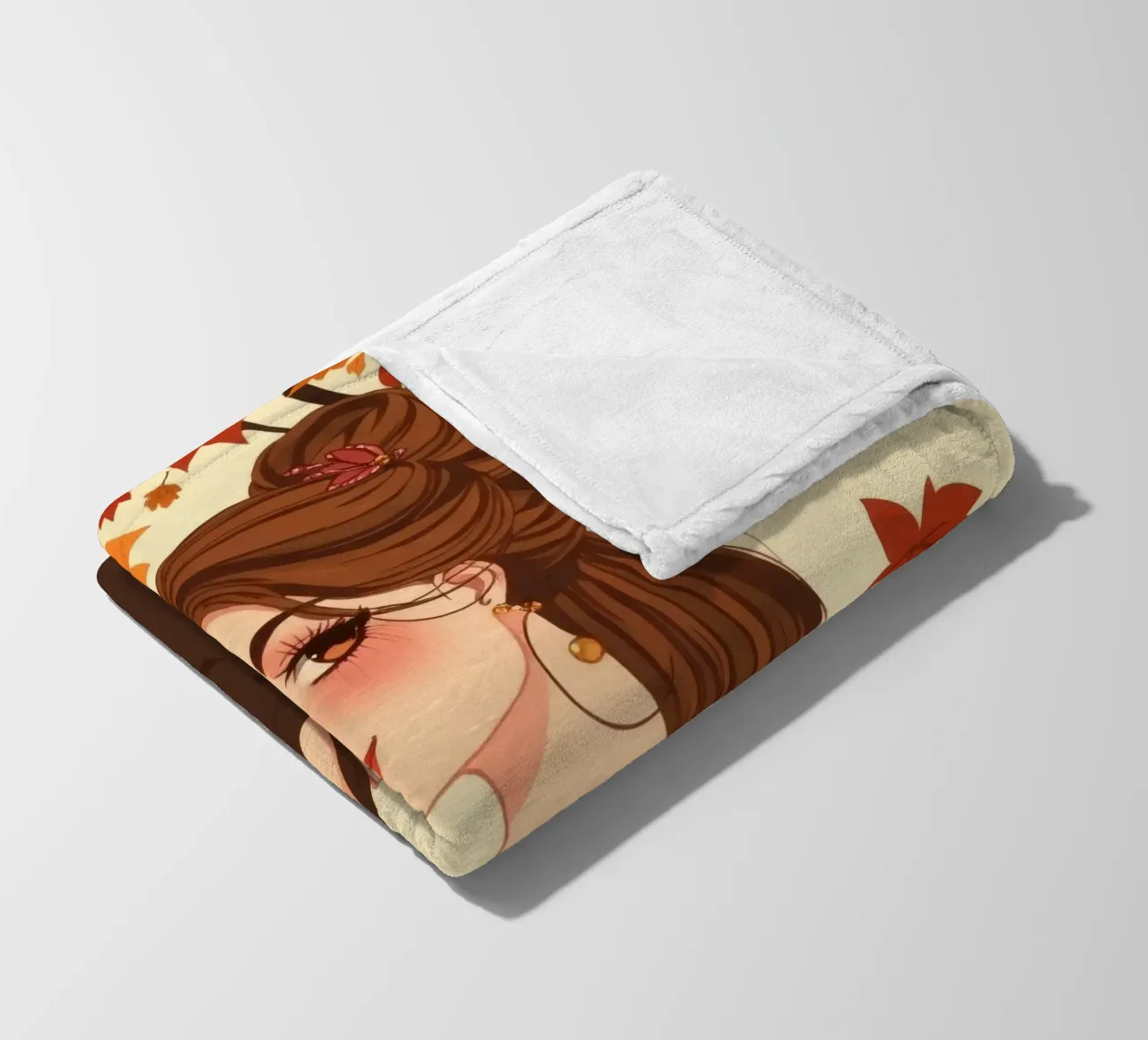 donna con foglie d'autunno in un'illustrazione dai toni caldi coperta in pile da DesignDoodle