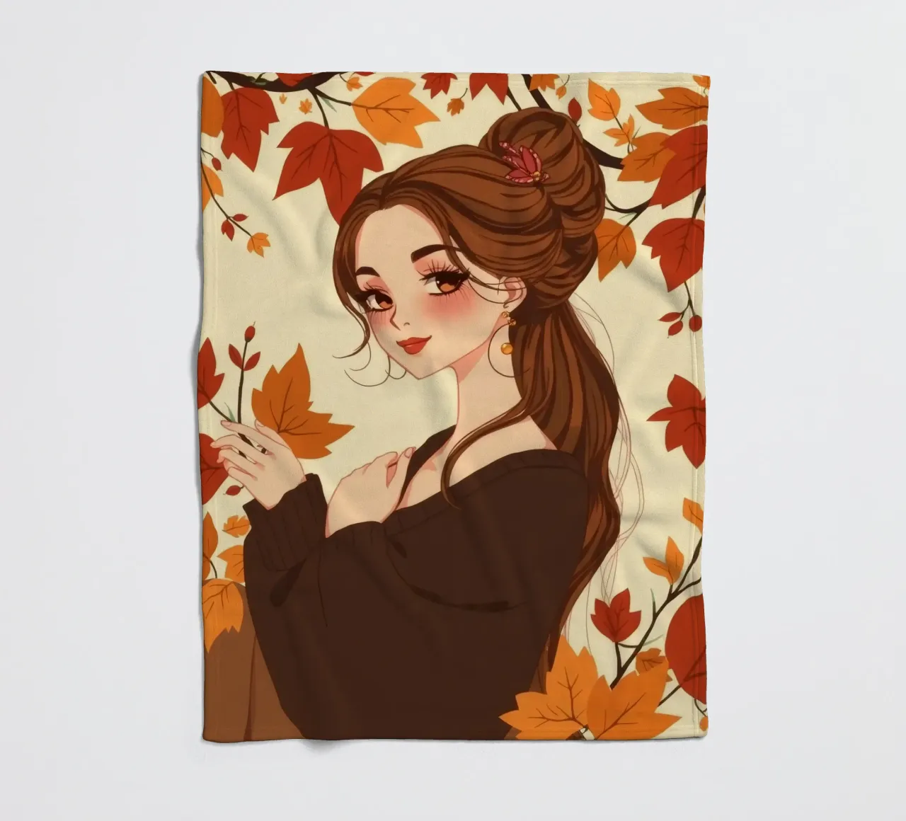 donna con foglie d'autunno in un'illustrazione dai toni caldi coperta in pile da DesignDoodle