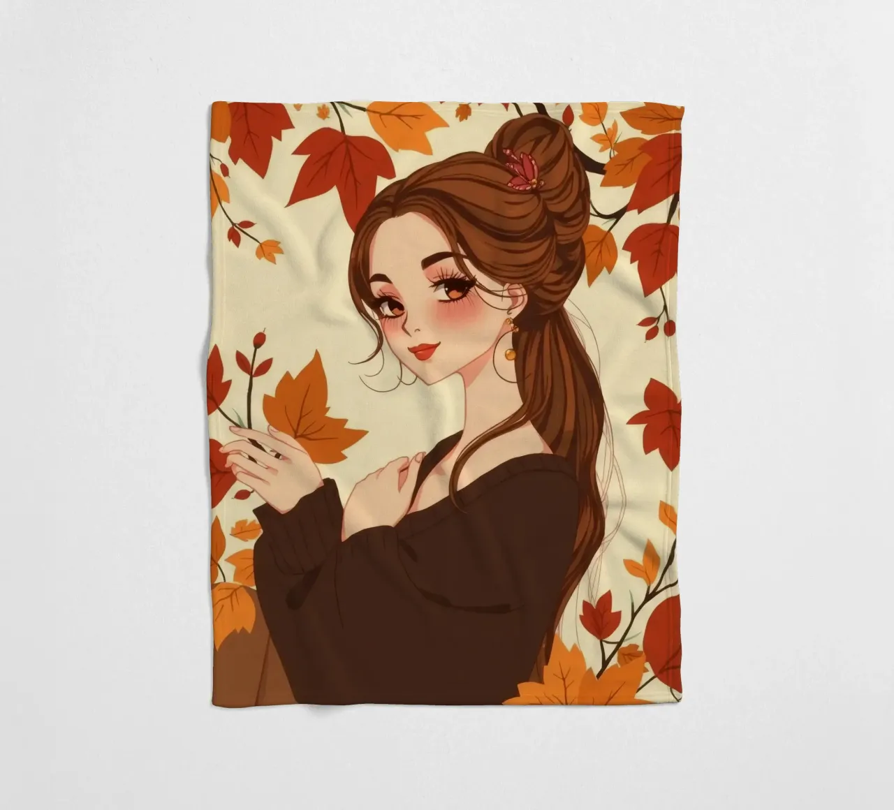 donna con foglie d'autunno in un'illustrazione dai toni caldi coperta in pile da DesignDoodle