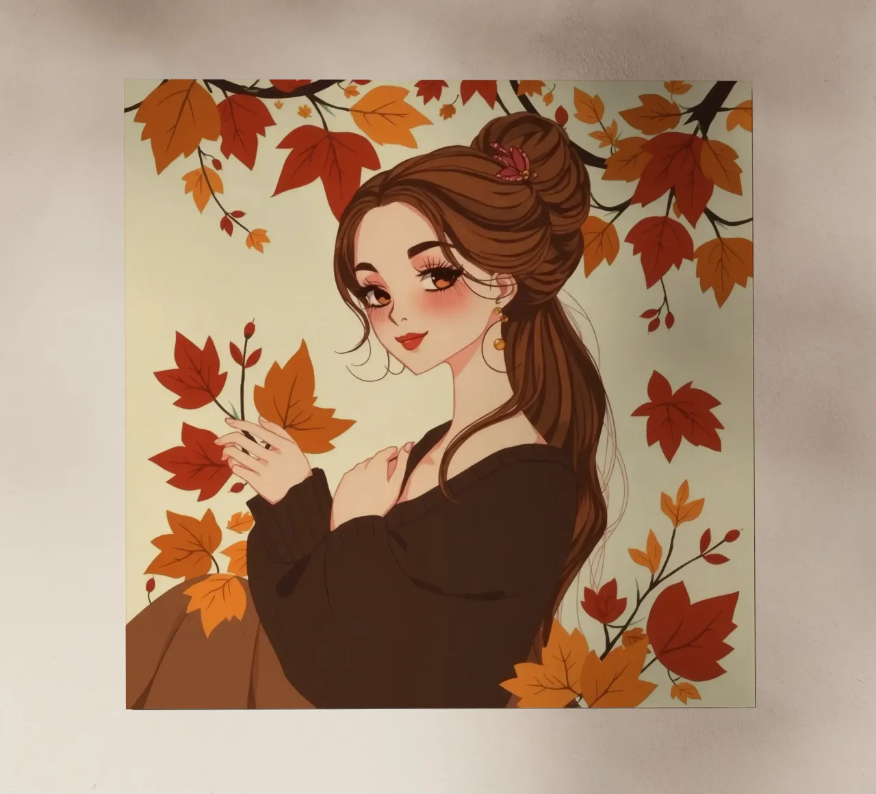 donna con foglie d'autunno in un'illustrazione dai toni caldi pellicola backlit da DesignDoodle