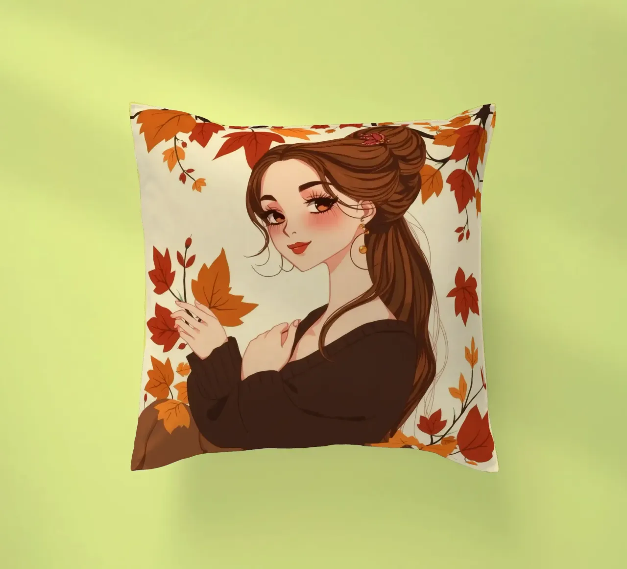 donna con foglie d'autunno in un'illustrazione dai toni caldi cuscino da DesignDoodle